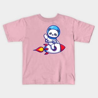 Cute Panda Astronaut Riding Rocket And Waving Hand Cartoon Kids T-Shirt